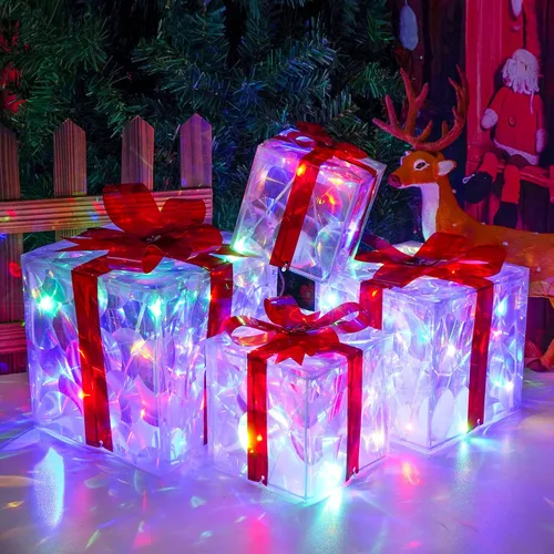Vista 10 de COVFEVER Cajas de Regalo Iluminadas de Navidad, Juego de 4 Cajas de Regalo con Luces Preinstaladas, Juego de Cajas de Regalo Iluminadas que