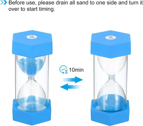 Vista 4 de PATIKIL Temporizador de arena de 10 minutos, reloj de arena hexagonal pequeño con cubierta de plástico, vidrio de arena de cuenta regresiva para Azul