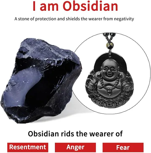 Vista 9 de NAKOBO Collar de obsidiana negra de Buda, Yin Yang, lobo y dragón, amuleto de protección con cadena de cuentas extendida, piedra de cristal