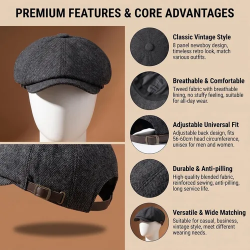 Vista 5 de Mens Classic Wool Blend 8 Panel Newsboy Flat Cap Vintage Herringbone Tweed Hat Cabbie Cap Conducción Caza Cap (negro)