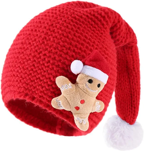 Vista 5 de Kayotuas Gorro de punto de Navidad para niños, bebé, pan de jengibre, lindo pompón, sombreros de dibujos animados, suministros de fiesta de Navidad