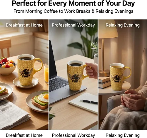 Vista 3 de DUSVALLY Taza de cerámica grande Taza de café alta Tazas de viaje de porcelana Taza de café con tapa de 17 onzas, Abeja
