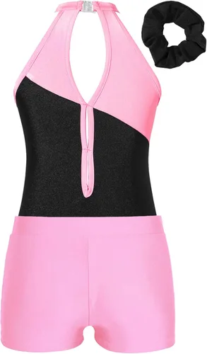 Vista 4 de Kids Girls Ballet Dance Outfits Shiny Sleeveless Gymnastic Leotard with Athletic Shorts Hair Band Tracksuit