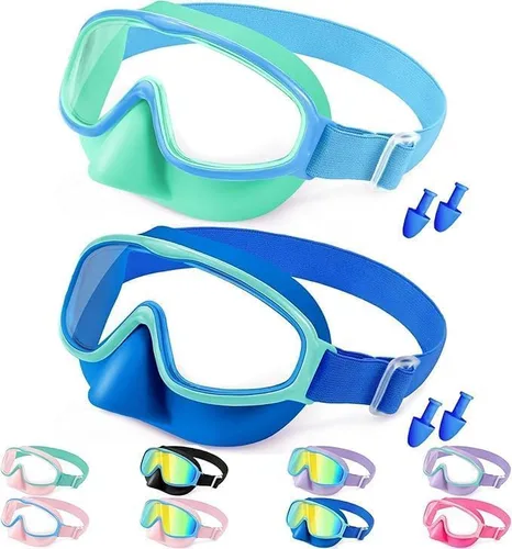 Vista 8 de Vvinca Kids Swim Goggles with Nose Cover Comfort Fabric Strap, Wide View Diving Mask Anti-Fog/UV Swimming Goggles for 3-14