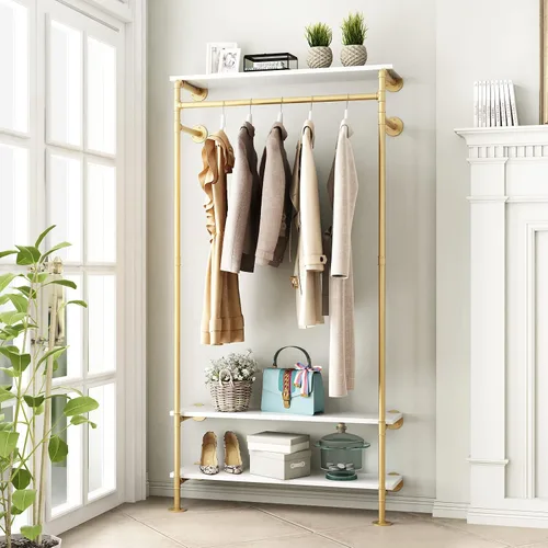 Vista 8 de Perchero Industrial de Tubería para Ropa de Montaje en Pared, Perchero Negro de Tubería para Ropa con 6 Varillas para Colgar, Perchero de Tubería