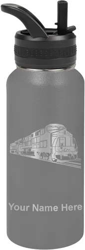 Vista 50 de LaserGram Botella de agua personalizada, tren de carga, acero inoxidable de doble pared aislada al vacío con popote superior, regalo grabado Negro