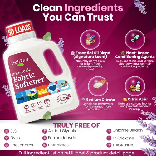 Vista 6 de Truly Free Suavizante de telas natural, no tóxico para pieles sensibles de bebés y niños, acondicionador suavizante de ropa a base de plantas