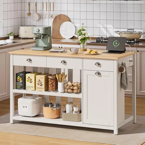Vista 8 de ONBRILL Isla de cocina de 59 pulgadas con almacenamiento, mesa de madera maciza de goma