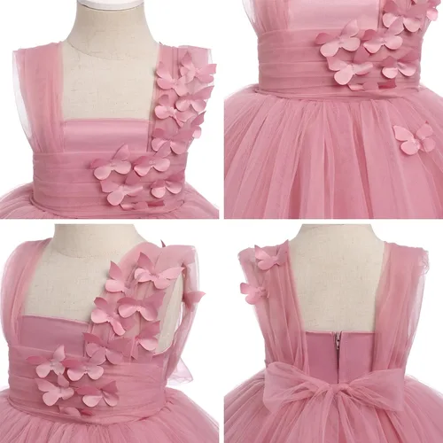 Vista 4 de Vestido tutú de tul para niña pequeña, vestido de mariposa y flores para niña, trajes formales de cumpleaños, vestidos de pastel