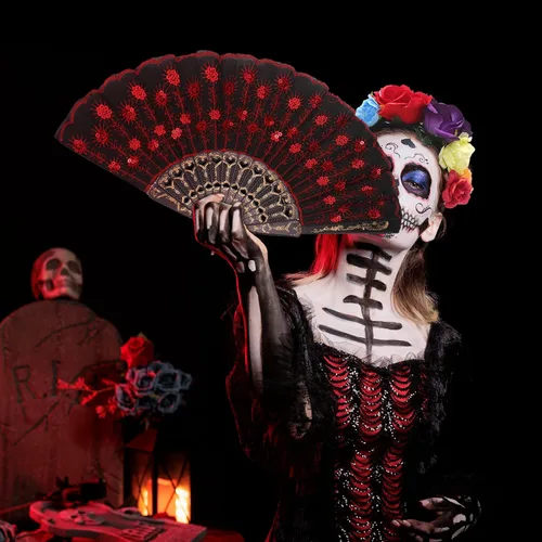 Vista 6 de Crowye 6 unidades de abanico de mano plegables del Día de los Muertos con diseño floral mexicano con corona de rosas mexicanas, tocado de tela