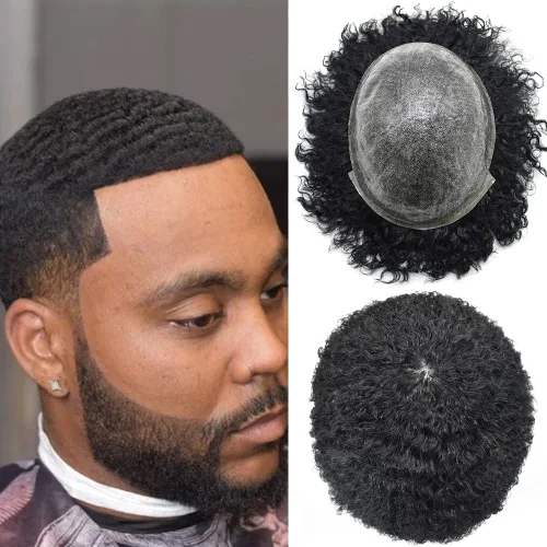 Vista 9 de Afro Toupee para hombres negros, sistema de reemplazo de cabello humano brasileño para hombres afroamericanos africanos afroamericanos, piezas