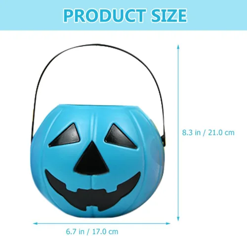 Vista 2 de Cubo de calabaza de Halloween con asa, soporte pequeño de plástico para dulces de calabaza para decoración y embalaje de fiesta de truco o trato