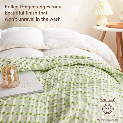 Vista 5 de Simple&Opulence Manta de 100 % algodón para cama, sofá, tejido jacquard de hilo teñido con borlas, suave, ligera, acogedora, transpirable, Verde