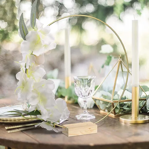 Vista 2 de 10 piezas de centro de mesa de aro floral de metal, anillo de corona dorada de 12 pulgadas con 10 soportes de madera, centro de mesa, decoración