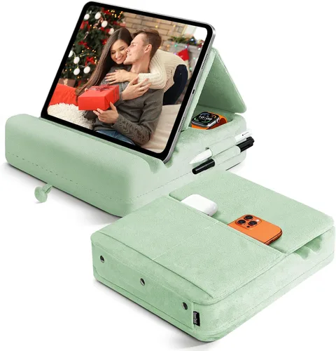 Vista 13 de Soporte de almohada para tablet con almacenamiento, soporte plegable para iPad para Lep, cama, sofá y escritorio, base suave con bolsillo y soporte