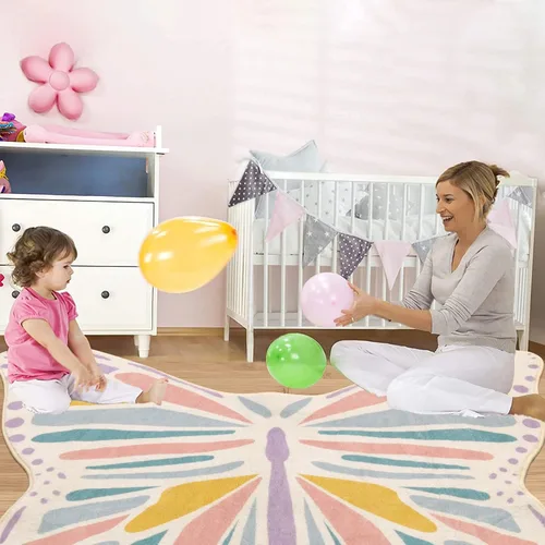 Vista 7 de Lukinbox Alfombra de mariposa para dormitorio de niñas, tapete de juego ultra suave para habitación, alfombra colorida antideslizante para área