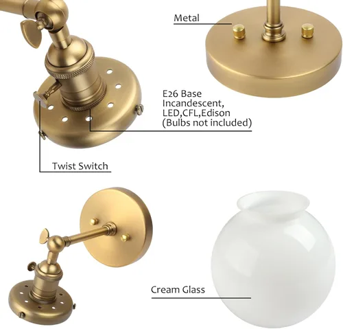 Vista 6 de Pathson Aplique de pared cableado con globo blanco, luz de tocador de baño de latón con interruptor de encendido y apagado, lámparas de pared