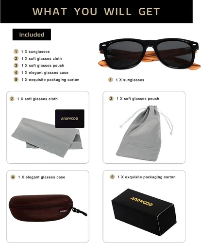 Vista 6 de ANDWOOD Gafas de sol polarizadas de madera para hombres y mujeres, protección UV, marco de bambú de madera, gafas de sol espejadas