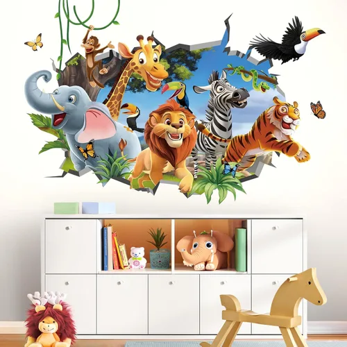 Vista 3 de decalmile Pegatinas de pared de animales de la jungla 3D, calcomanías de pared de animales del bosque, elefante, león, mono, calcomanías