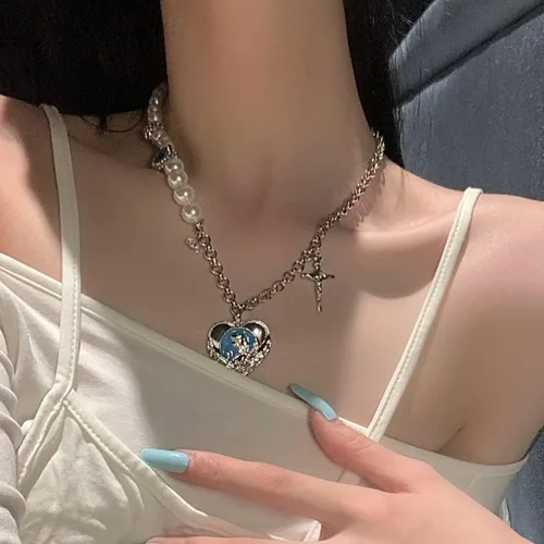Vista 3 de Wiwpar Gargantilla de cadena de metal en forma de O, accesorios de corazón de perla, collar con colgante de corazón de moda para mujeres y niñas