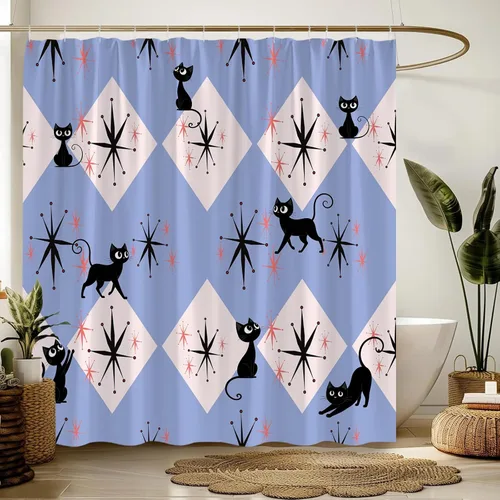 Vista 3 de Mid Century Atomic Black Cat Shower Curtain Blue Modern Abstract Geometric Minimalist Funny Boho 1950s Fabric Bathroom Decor Curtain with