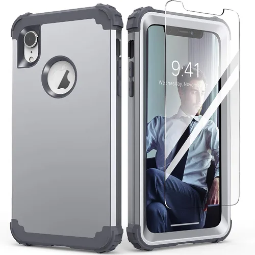 Vista 22 de IDweel Funda para iPhone XR, funda para iPhone XR con protector de pantalla de vidrio templado, 3 en 1, a prueba de golpes, delgada, híbrida, Negro