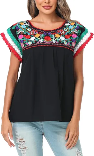 Vista 3 de YZXDORWJ Blusa tradicional colorida con encaje bordado mexicano para mujer, camiseta tricolor para el día de la independencia mexicana