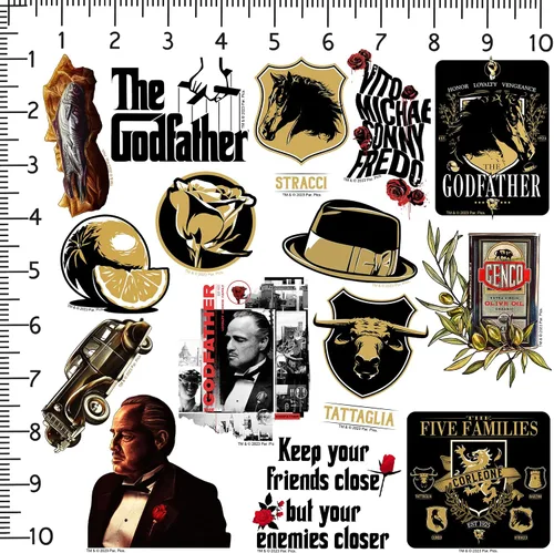 Vista 2 de The Godfather Movie - Paquete variado de calcomanías de vinilo de 50 quilates, tamaño grande, con cita troquelada y personajes para laptop, botella