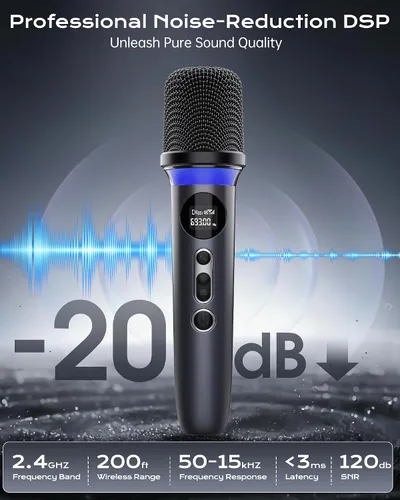 Vista 4 de Micrófono inalámbrico, silencio de un solo toque e iluminación RGB dinámica, micrófono dinámico de mano dual de grado profesional, alcance ultra