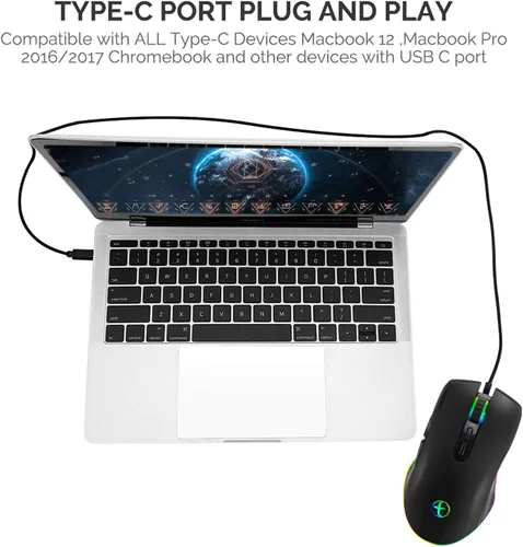 Vista 7 de IULONEE Ratón tipo C, ratones USB C con cable, mouse ergonómico de 4 RGB retroiluminación 3200 DPI compatible