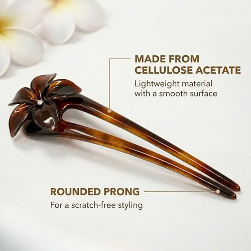 Vista 3 de Parcelona French Belle Flower Gran Tortuga Shell Brown Slide Hair Celuloide Chignon Moño Pelo Updo U Stick Pin con cristal