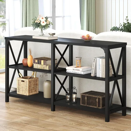 Vista 4 de LVB Mesa Consola Negra, Mesa de Entrada Moderna con 3 Niveles de Estantes de Almacenamiento, Mesa de Sofá Industrial Detrás del Sofá para Sala