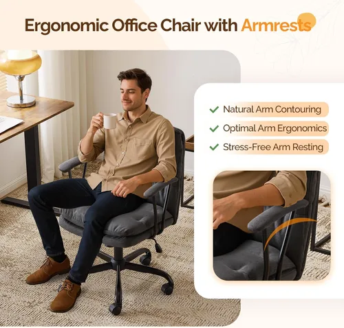Vista 6 de VINGLI Silla de escritorio acolchada gris con/sin ruedas, base doble, reposabrazos extraíbles, ajustable y cómoda silla giratoria para computadora
