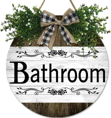 Vista 10 de Letrero de madera para baño, estilo granja, inodoro, placa colgante de madera, rústico, retro, decoración de pared para el hogar, rústico, casa