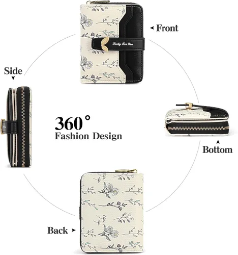 Vista 4 de GAEKEAO - Billetera pequeña para mujer con bloqueo RFID, de cuero vegano, plegable, con estampado floral, monedero con bolsillo con cremallera