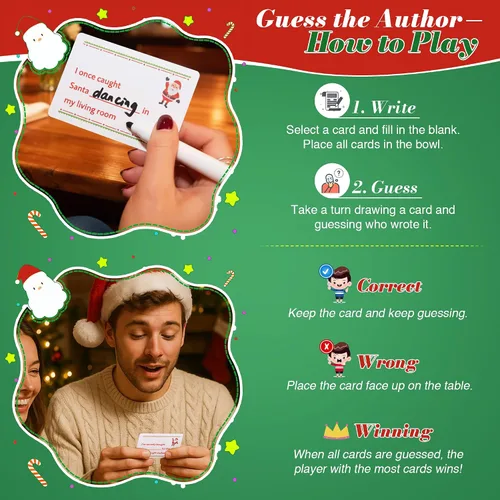 Vista 3 de Juego de cartas de Navidad para noche de juegos familiares, 120 tarjetas con 10 marcadores de borrado en seco, divertidos juegos de mesa para grupos