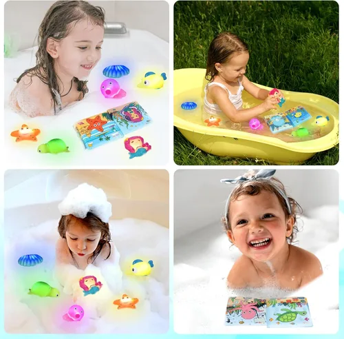 Vista 5 de Juguetes de baño iluminados para niños pequeños, niñas y bebés, juguetes de baño brillantes sin agujeros con libro de baño y organizador, juguetes