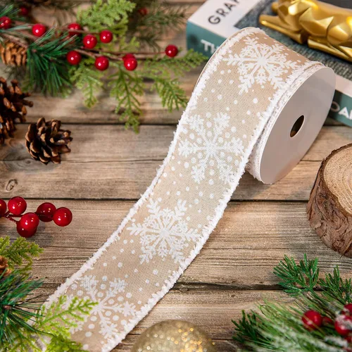 Vista 4 de Whaline Cinta de copo de nieve de Navidad con borde con alambre, cinta blanca de invierno de 2.5 pulgadas con rebabas, suave, rústica, natural