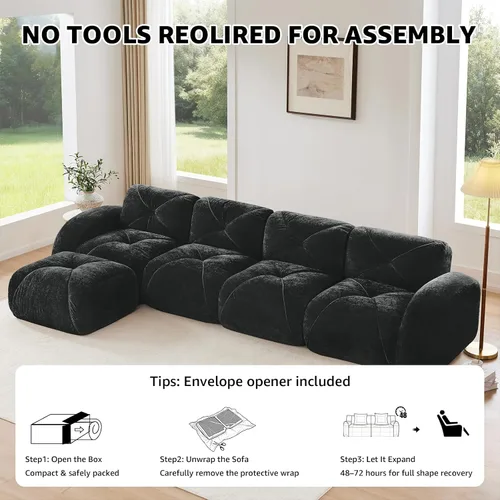 Vista 4 de Sillón de Dos Plazas Seccional Negro para Sala de Estar, Sofá Sin Estructura de Tela de Terciopelo en una Caja, Sin Ensamblaje Requerido Sofá