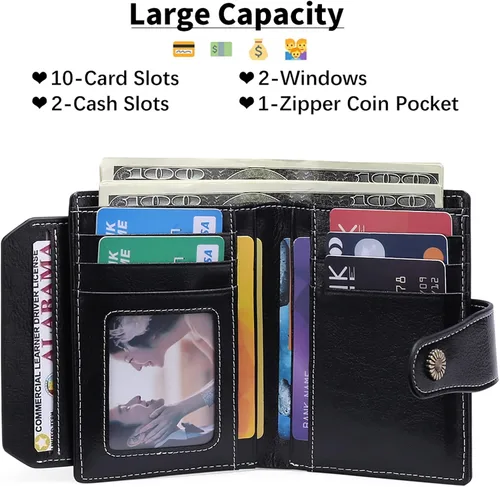 Vista 2 de FALAN MULE - Cartera de cuero auténtico para mujer, pequeña plegable , compacta, con interferencia de radiofrecuencia (RFID)