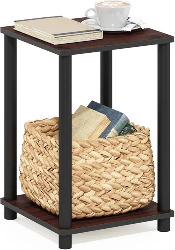 Vista 25 de Furinno Claude Mesa Auxiliar, Mesa Lateral de Mediados de Siglo con Estación de Carga, Mesita de Noche con Patas de Madera, Mesa de Cabecera
