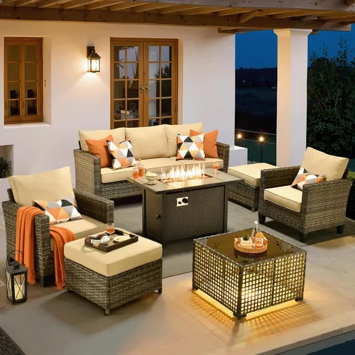 Vista 12 de ovios Juego de muebles de patio de 4 piezas con sofá de exterior, luces solares, mesa, cojines cómodos, sofá de conversación de mimbre de ratán