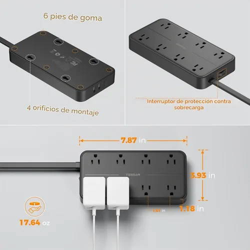 Vista 7 de TESSAN - Protector contra sobretensiones, cable de extensión de enchufe plano de 5 pies Negro
