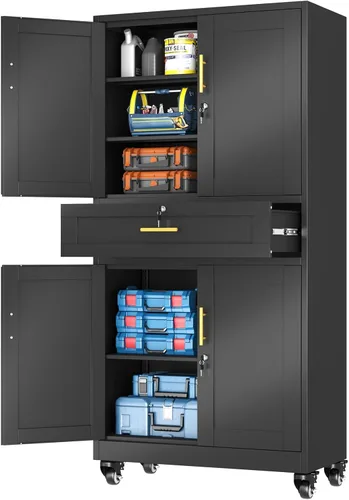Vista 12 de Metal Garage Storage Cabinet, 36” Rolling Wheels Tool Cabinet with Lock-2 Adjustable Shelves, Locking Storage, Steel Locker Storage Systems for Home