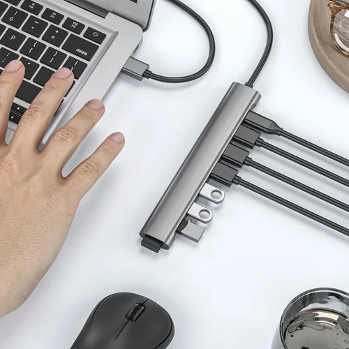Vista 4 de Cable largo de concentrador USB, adaptador USB 3.0 de 8 puertos con 6 puertos de datos USB 3.0, datos USB-C, divisor USB con puerto de alimentación