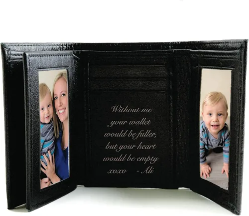 Vista 2 de Personalizado Negro Cuero Genuino Trifold Wallet Grabado Gratis - Se envía desde Estados Unidos, Billetera de cuero negro triple para dinero