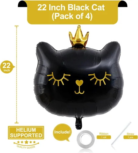 Vista 2 de Globos gigantes de gato de 22 pulgadas, adorable corona negra, gatito, blanco, globos para decoración de fiesta de cumpleaños con temática de 4 gato