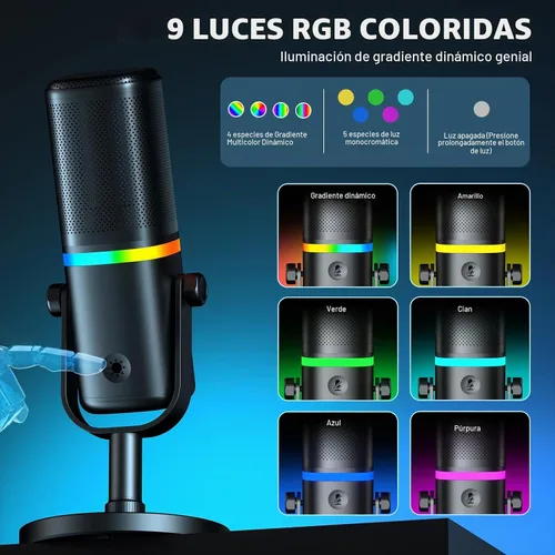 Vista 3 de Aokeo Micrófono para PC, AK-10 USB/XLR Micrófono de escritorio dinámico para juegos, podcast, transmisión con luz RGB, control de volumen, botón