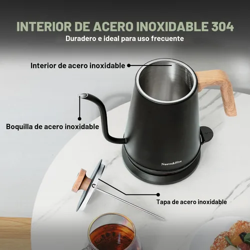 Vista 6 de Nueve&Five - Hervidor eléctrico de cuello de cisne con termómetro, hervidor de agua caliente de 1.0 L para café y té, 1000 W, apagado automático