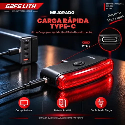 Vista 8 de Luz trasera de bicicleta recargable, IPX6 impermeable 220 amplia visibleSafety modo linterna carretera montaña paseo nocturno